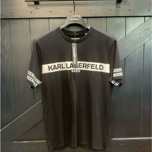 Karl Lagerfeld Paris Logo Stripe Graphic Tee in Black